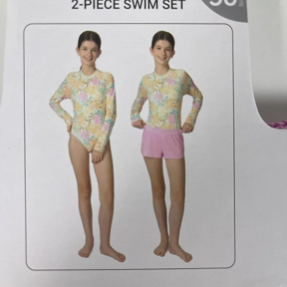 Billabong Kids Girls 2-Piece Swim Set Floral Long Sleeve Rashguard Shorts S 7/8